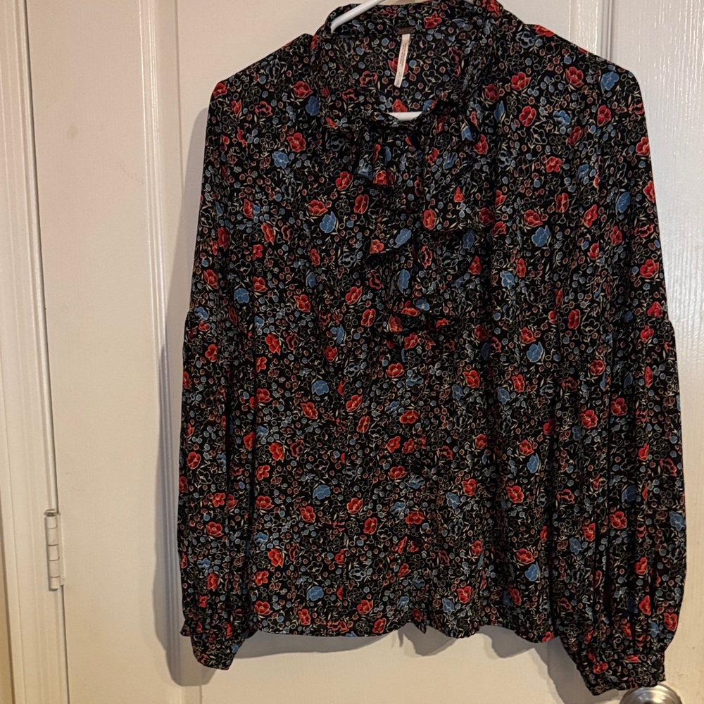 Free People Hobo Button Up Women Black Floral Ruffle Neck Balloon Peasant- Small